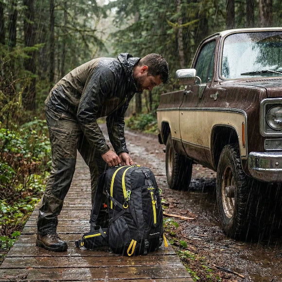 sac de randonnée homme sous la pluie