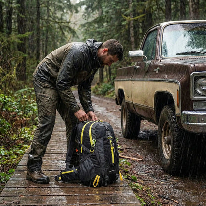 sac de randonnée homme sous la pluie
