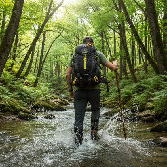 sac de randonnée  homme traverse riviere  sac au dos 