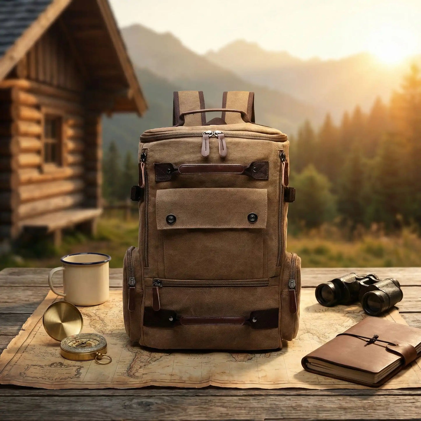 sac à dos homme déposé table de pique-nique à côté lunette d'approche