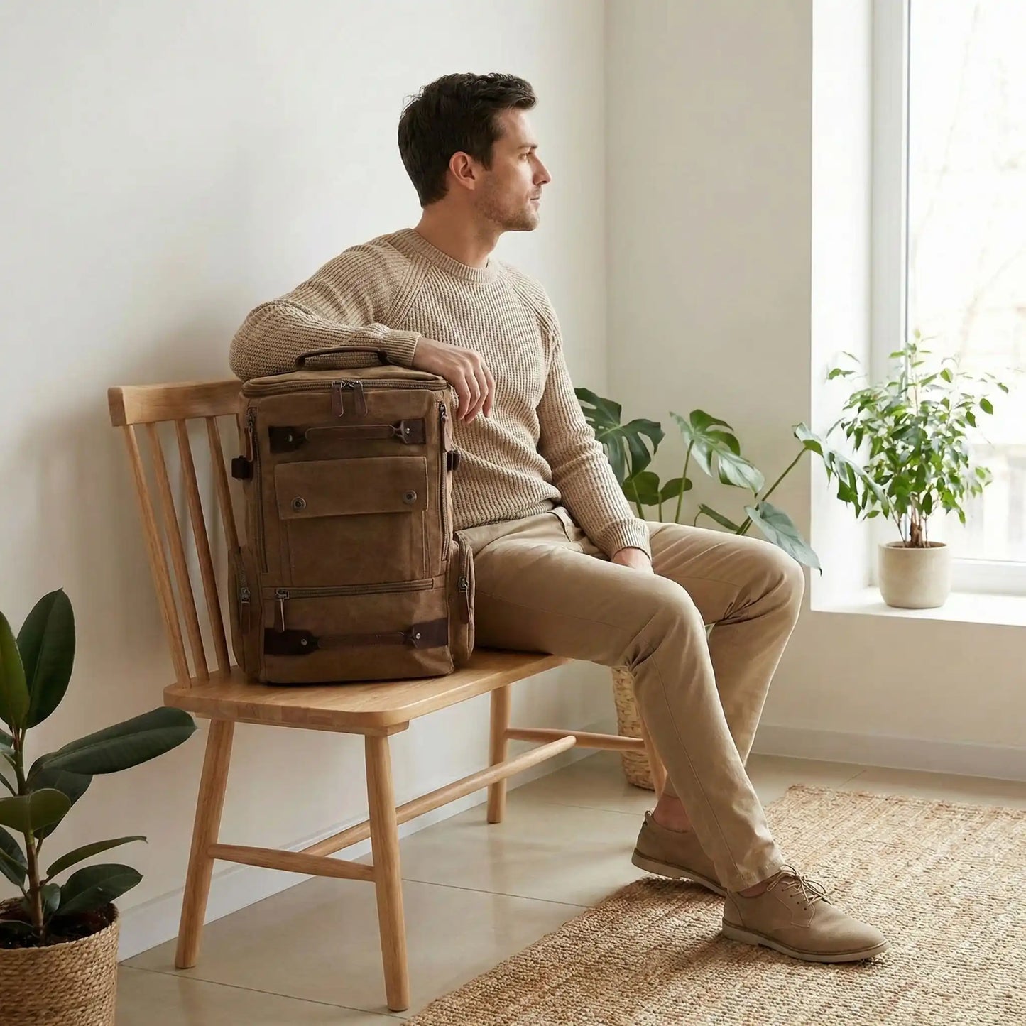 sac à dos homme assis sur un banc