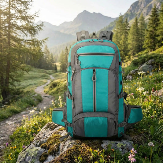 sac à dos randonnée femme, déposé sur une roche